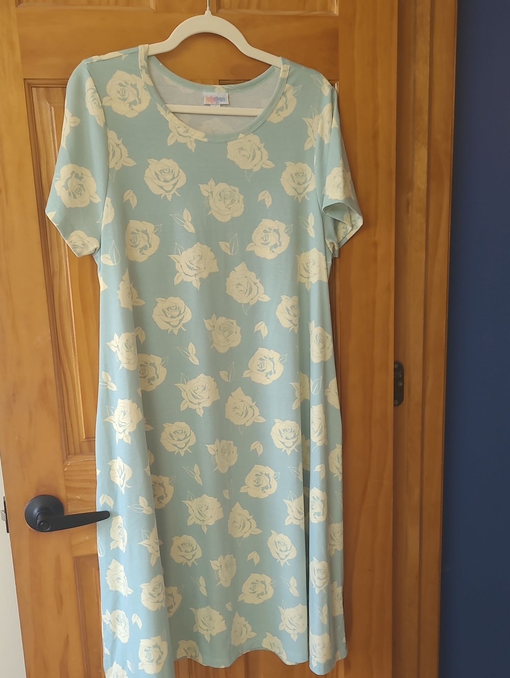 LuLaRoe Light Blue Midi Dress with Cream Rose Print
